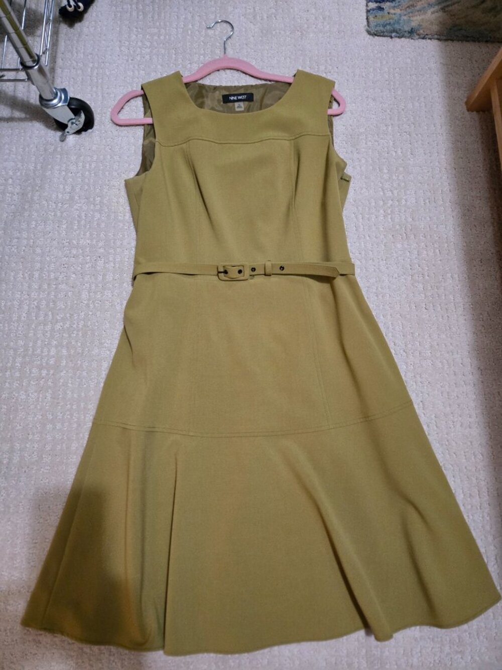 Nine West Sleeveless Olive Belted Fit-and-Flare Dress Size 10